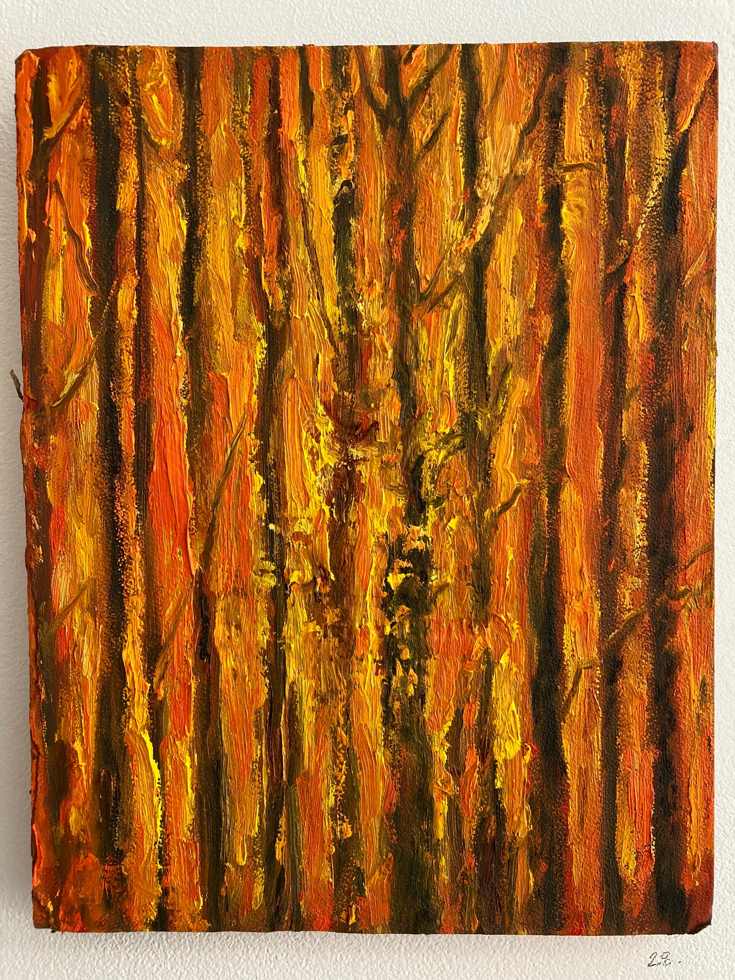 Paintings - narrow tree trunks with orange background